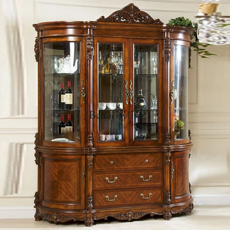 

American all-solid wood wine cabinet European four-door glass display cabinet restaurant against the wall