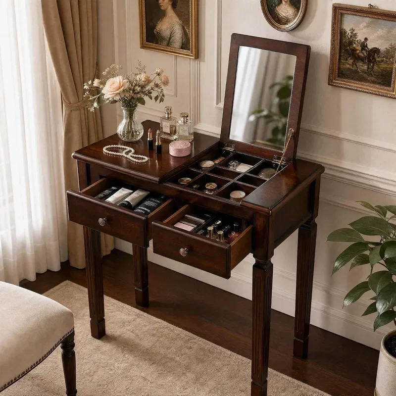 31.5 L Flip Top Vanity Table with Mirror Wood Small Dress Table with 2 Drawers 7 Hidden Compartments Writing Table for