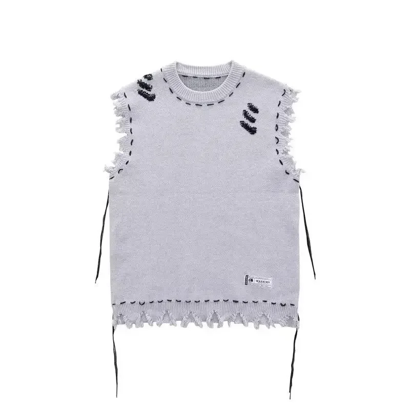 Man Clothes Waistcoat Black with Holes Knitted Sweaters for Men Hippie Icon Sleeveless Torn Vest Tops Sheap S 2024 Trend Maletry