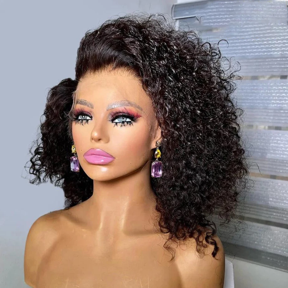 Perruque Bob Lace Front Wig crépue bouclée sans colle pour femmes noires, cheveux de bébé courts et doux, densité 180, préplumée, degré de chaleur, noir naturel