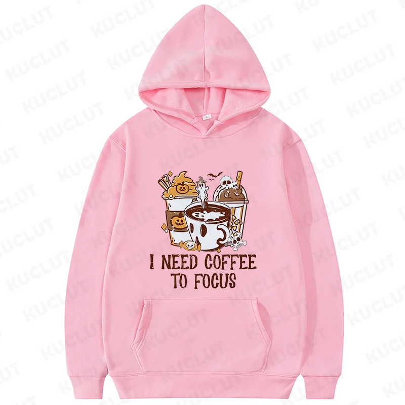 Sudadera con capucha I Need Coffee To Focus para mujer, sudaderas con capucha divertidas con estampado de dibujos animados, sudaderas con capucha de otoño para mujer, estilo de moda de Halloween, nuevo