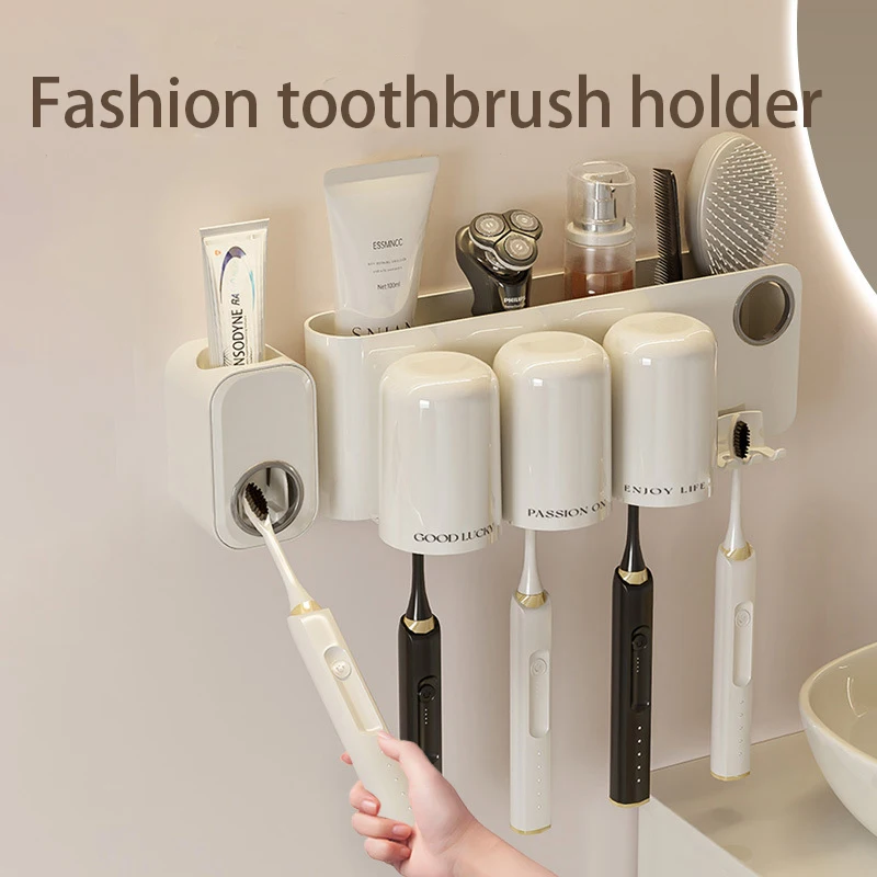 Toothbrush Holder Wall Storage Rack Cups With 2 /3/4Toothpaste Dispenser For Home Organizer Bathroom Accessories Set