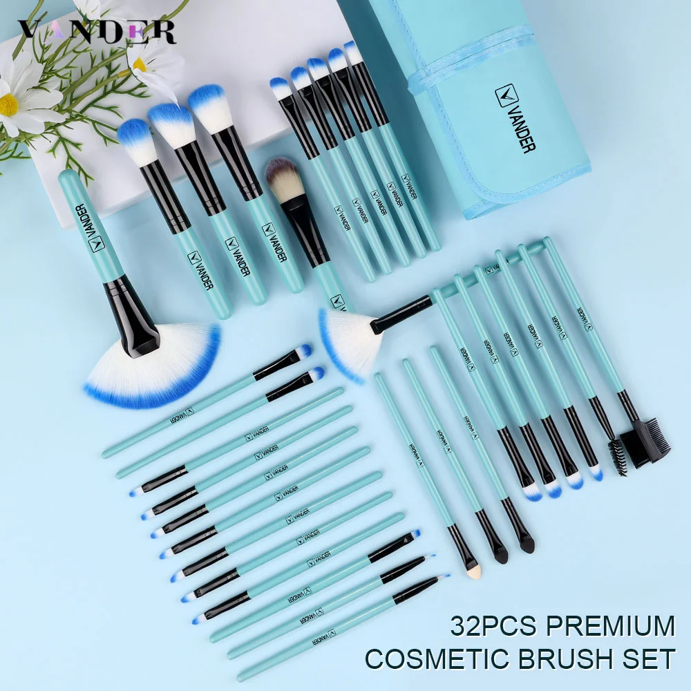 VANDER 32 Pcs Blue Makeup Brush Set Premium Natural Hair Beauty Cosmetic Foundation Face Powder Eyeshadow Blush Beauty Tools