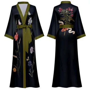 Black Print Flower Long Robe Nightgown Spring Summer Half Sleeve Kimono Bathrobe Gown…
