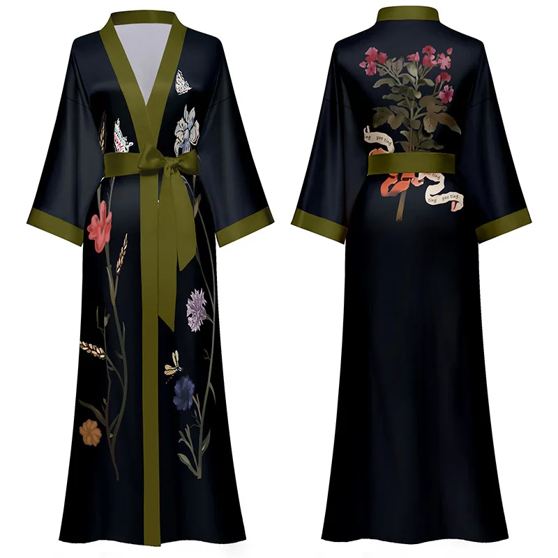 Czarny nadruk kwiat długa suknia koszula nocna wiosna lato pół rękawa Kimono szlafrok suknia kobiety seksowna Rayon Home Dress Loungewear