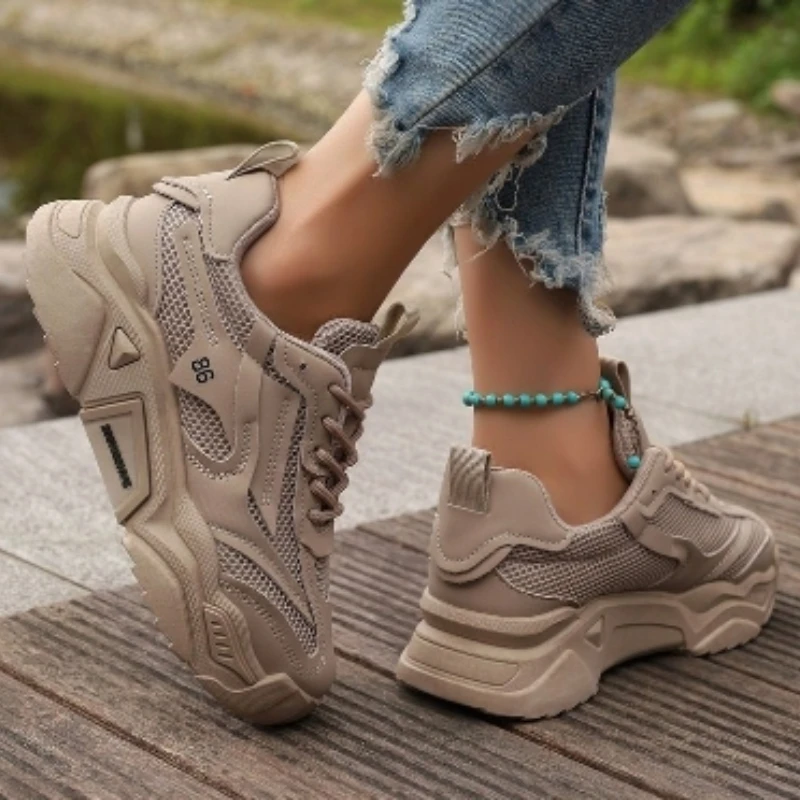 Sapatilhas plataforma casual para mulheres, sapatos com renda, sapatos vulcanização, tecido líquido, sapatos esportivos respiráveis, cores misturadas, novo, primavera, 2022