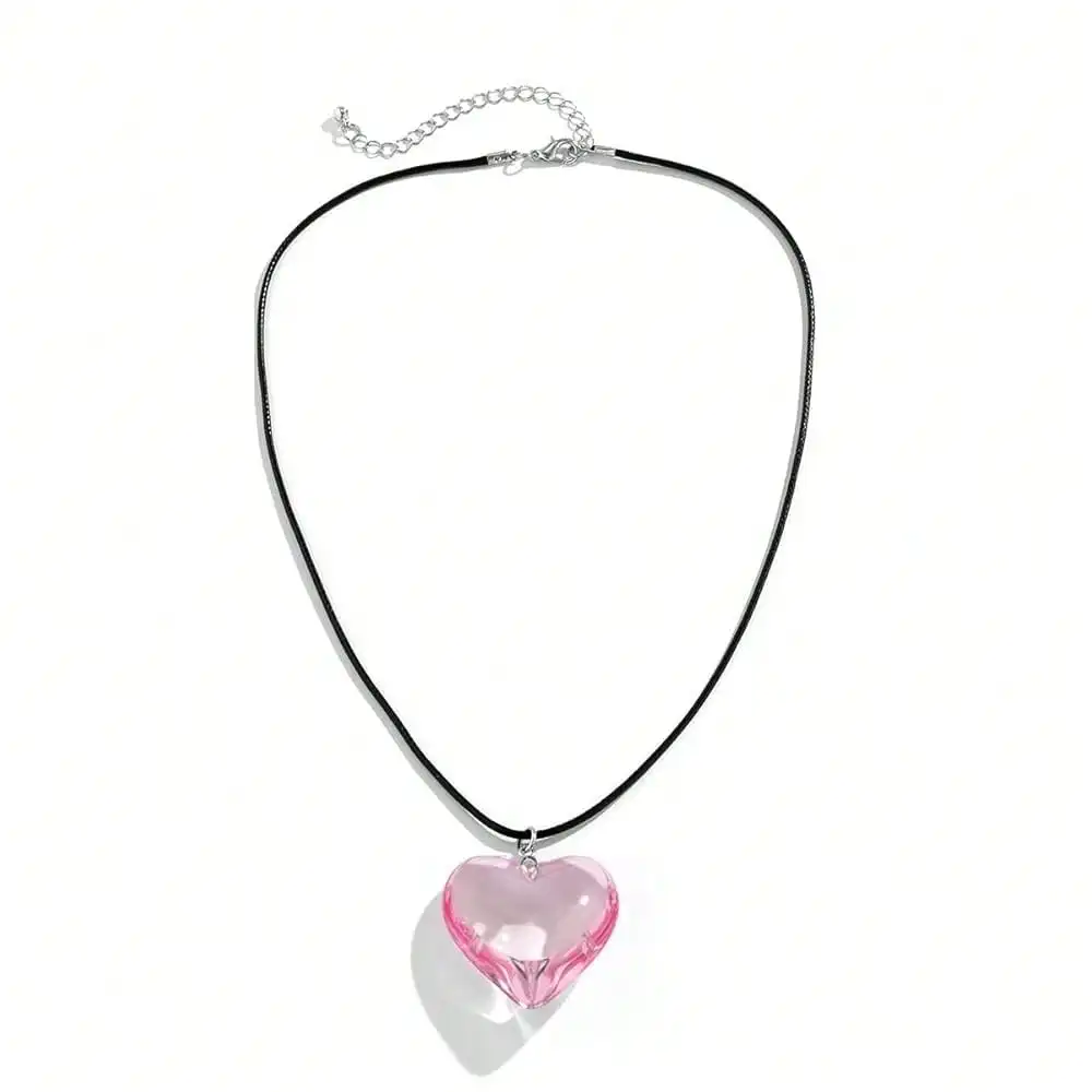 

Pink Puffy Heart Pendant Necklace on Black Cord Chain for Women