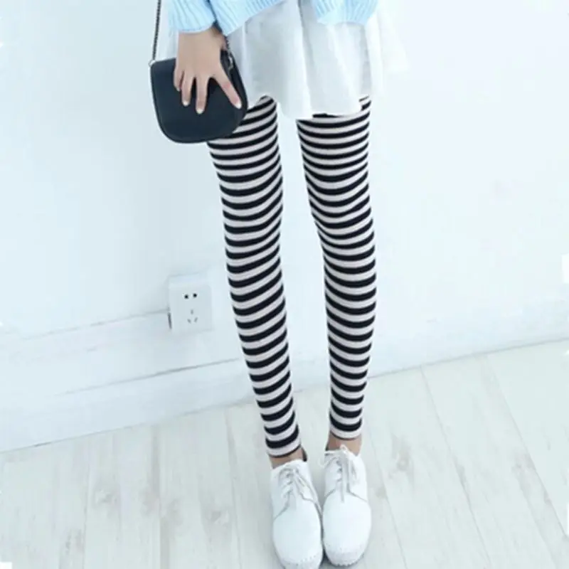 E15E Women Ankle Length Skinny Leggings Black White Horizontal Striped Pants Tights