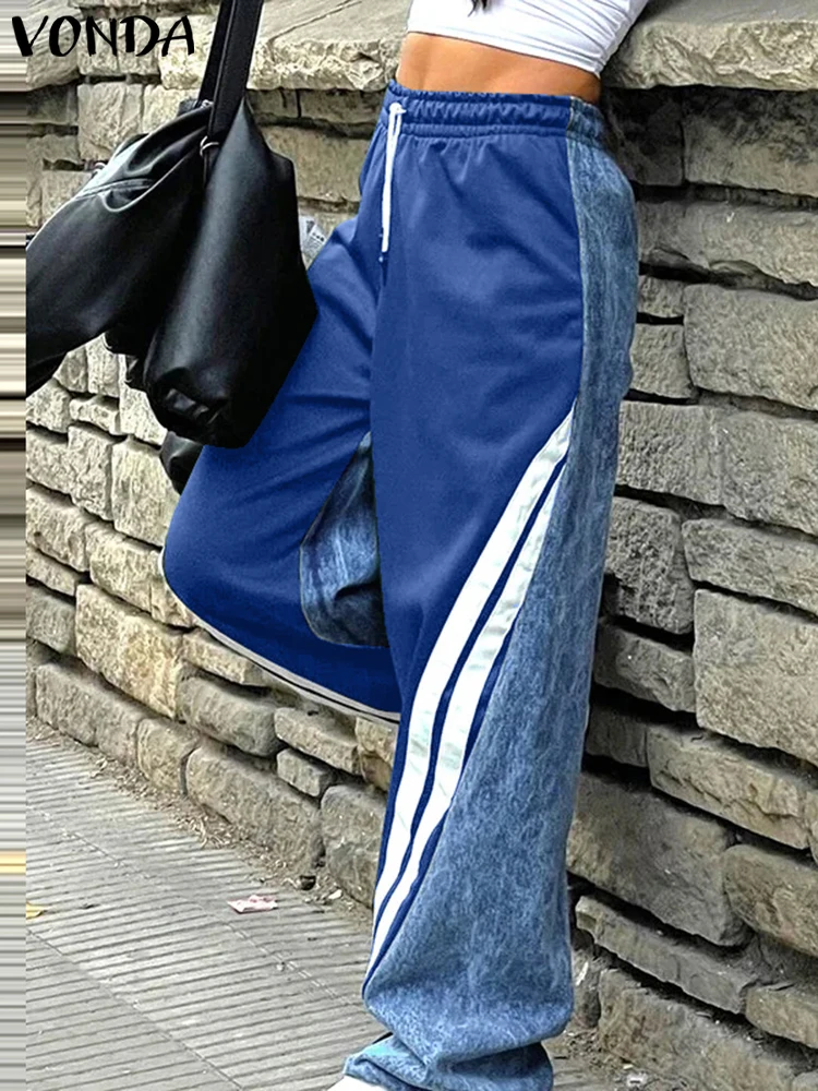 حجم كبير 5XL VONDASummer السراويل النساء أنيقة المرقعة بنطلون 2025 مرونة الخصر عادية طويلة بنطال ذو قصة أرجل واسعة قيعان فام