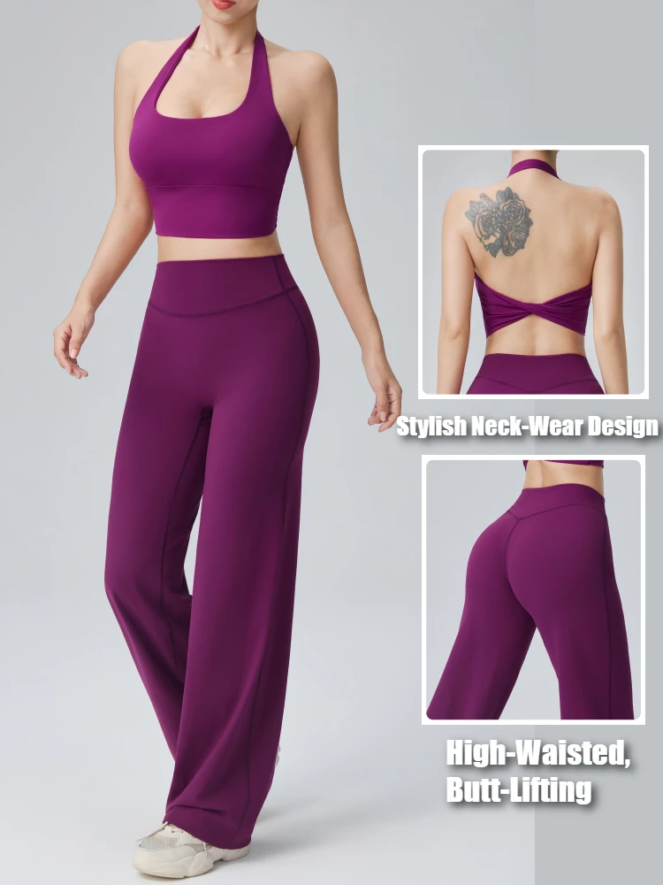 Neues Tanktop mit Neckholder-Ausschnitt und locker sitzende Yogahosen, atmungsaktives, schnelltrocknendes Sportoutfit für Fitness, Pilates, Laufen und Freizeit, Yogaset – Detail 4