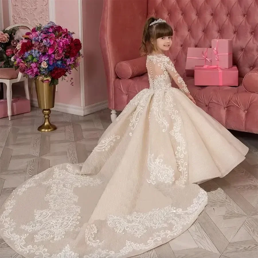 Luxury Lace Appliques Princess Ball Gown With Train For Girls Flower Girl Wedding Dress Birthday Party Dress Piano Performance F