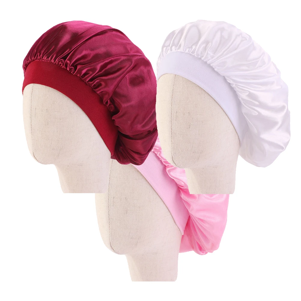 

3pcs Children's Satin Round Hat Wide Brim Silky Elastic Bonnet for Kids Hair Protection During Sleep