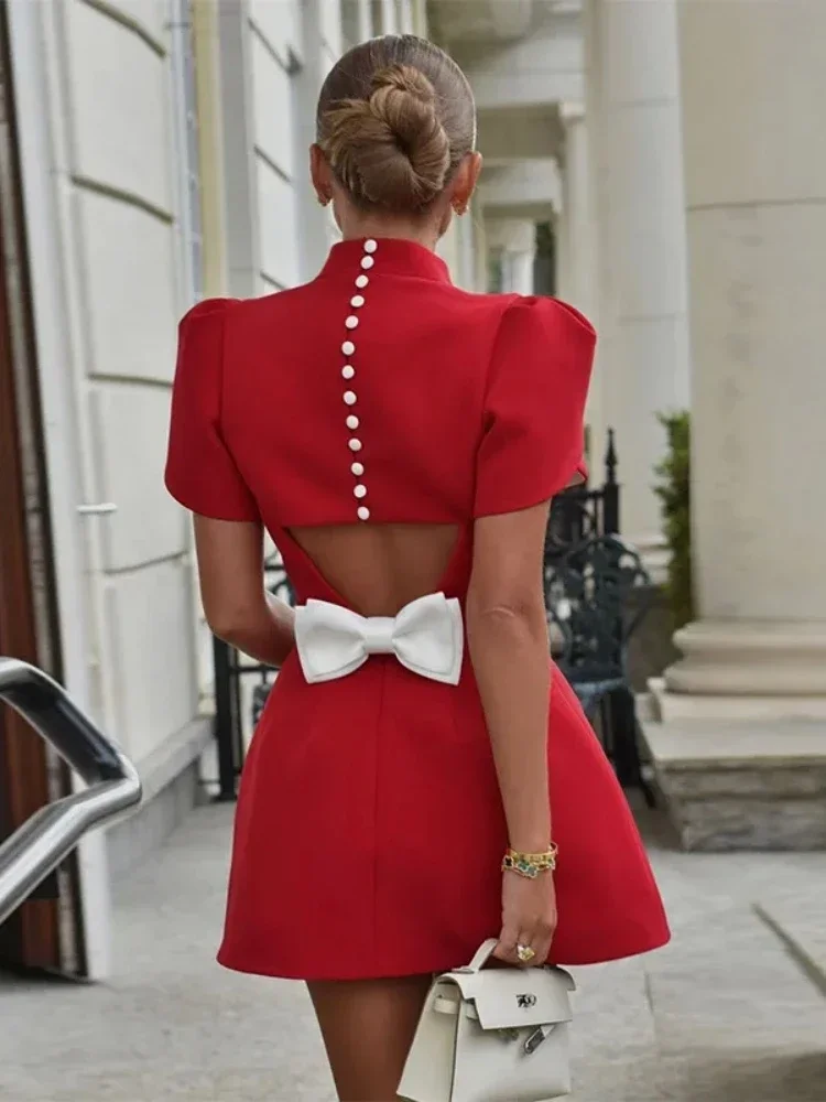 

Sexy O Neck Backless Hollow Out Bow Mini Dress Women Red White Short Sleeve Button Bownot Dresses Elegant Evening Party Gowns