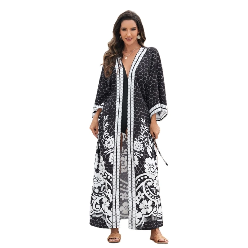 Damen-Badeanzug-Überwurf, Strand-Cardigan mit Taillenband, Blumendruck-Kimono