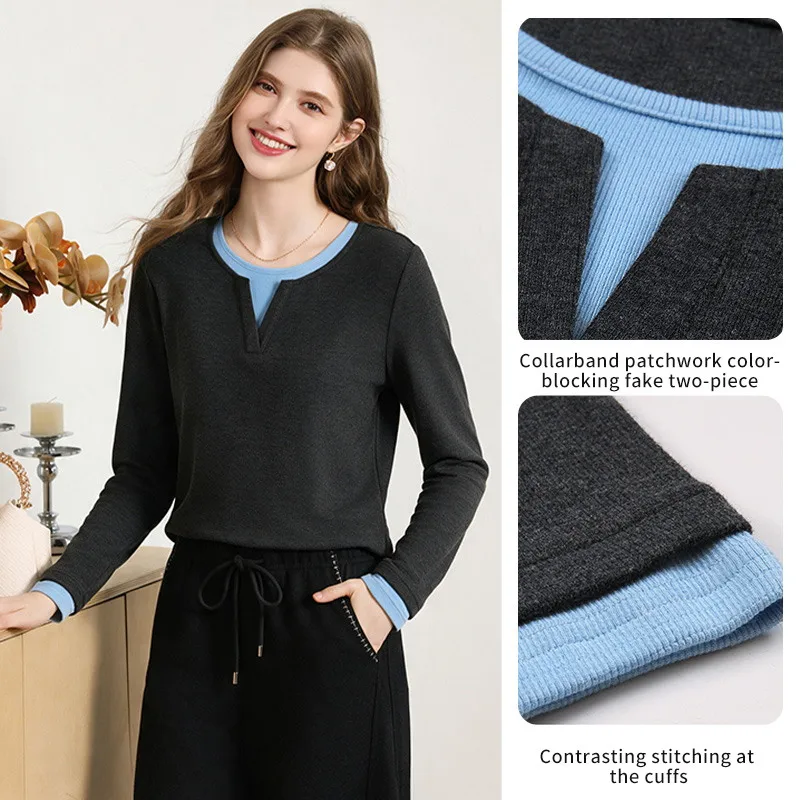 I BELIEVE YOU Women's Long-sleeve T-shirts Fleece Lined Fake Two Piece Casual Pullover 2026 Fall Winter Layering Tops 2264016527