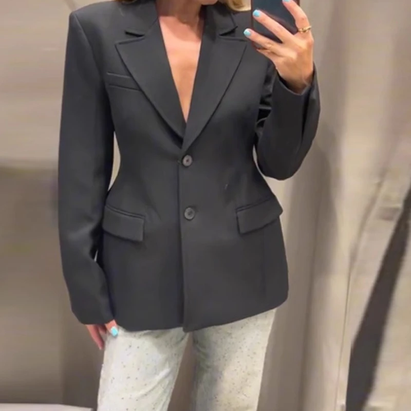 

2026 Spring Women's Large Size Suit Elegant Shoulder Pad Slim Black Button Blazer