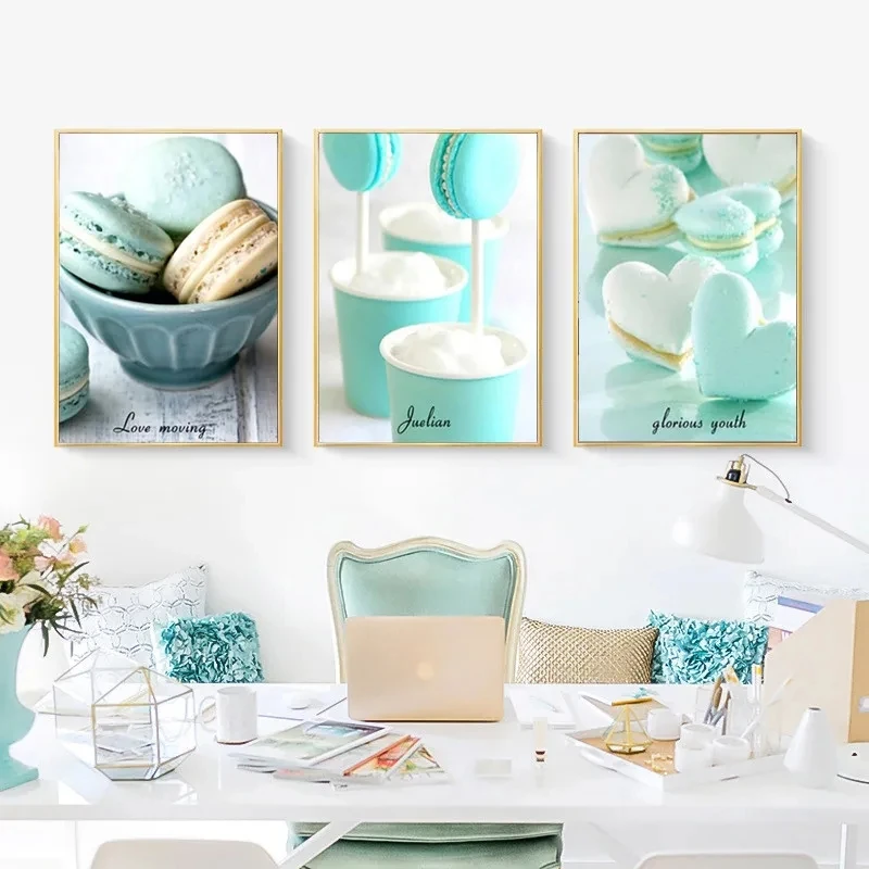 Nordisches Küchendekor-Poster und Leinwanddruck, Dessert- und Essensmalerei, Mintgrün, Macaron, Wandkunst