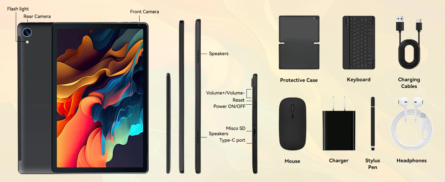 URAO C108 10.1 Inch Narrow Bezel Octa Core Tablet PC Android 15 24GB(4+20GB Virtual) RAM 128GB ROM 5000mAh HD 800*1280 Screen Dual Camera Full Set with Keyboard Mouse Stylus Case Earphone 1TB TF Expand Learning Office Tablet