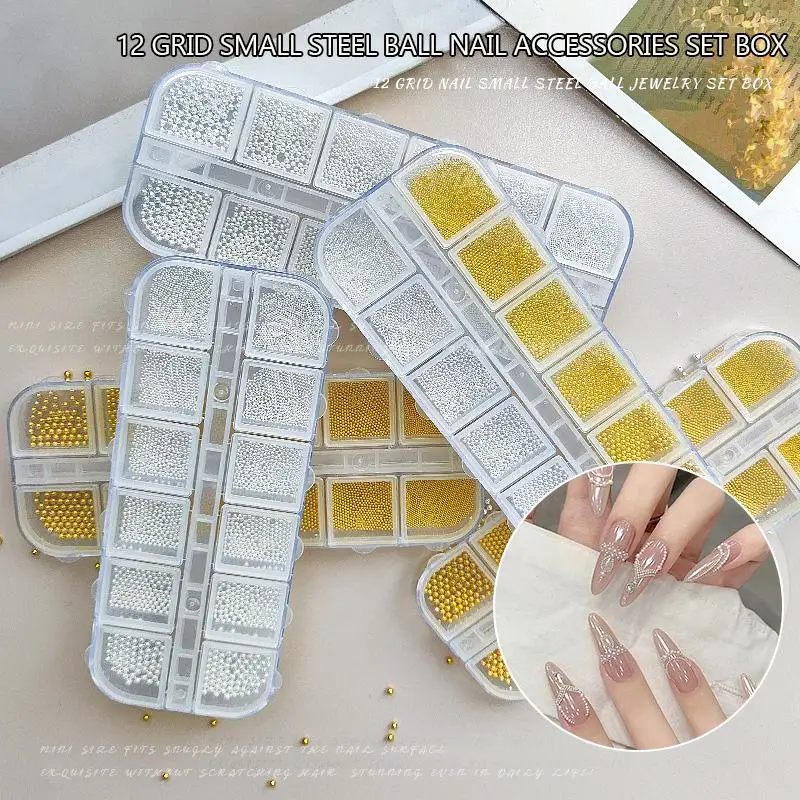 12 Gitter 0,6-2mm Gemischte Größen 3D-Design Nagelkunst Winzige Stahlperlen Gold Silber Schmuck Maniküre-Tipps Charm Mikrokugeln DIY-Dekoration – Detail 2