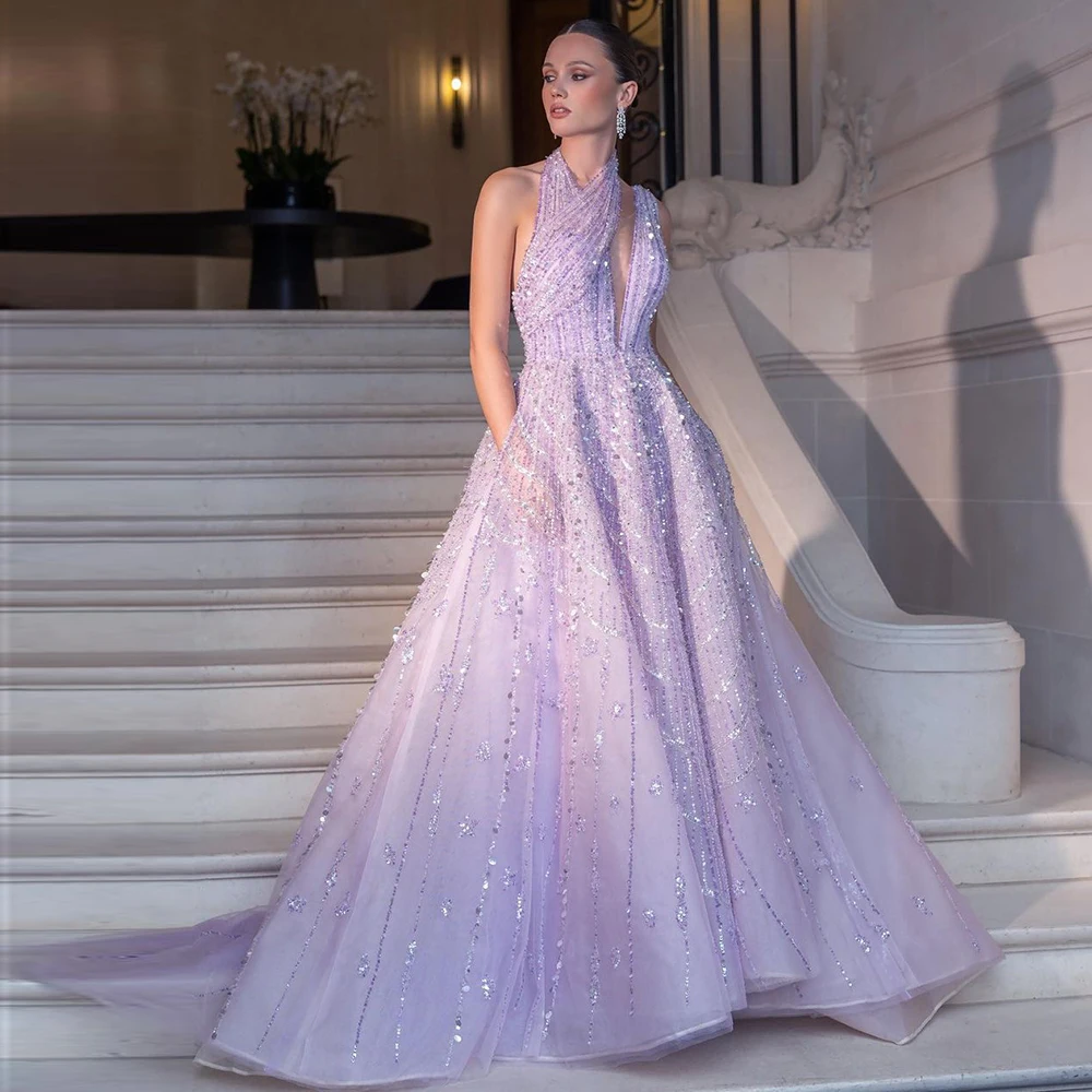 Sharon Said Luxury Beaded Dubai Lilac Evening Dresses for Women Wedding Party Long Arabic Prom Formal Gowns SS329 Customized