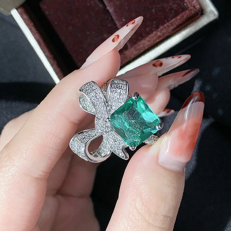 Sweet Bow Zircon Ring Girl Green Zircon Main Stone 925 Silver Jewelry Birthday Party Gift Wholesale