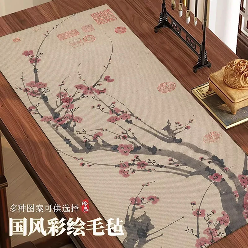 Chinese Style Calligraphy Felt Mat, Thickened Non-Slip Desk Pad with Artistic Painting for Brush Writing Vintage Study Table Mat