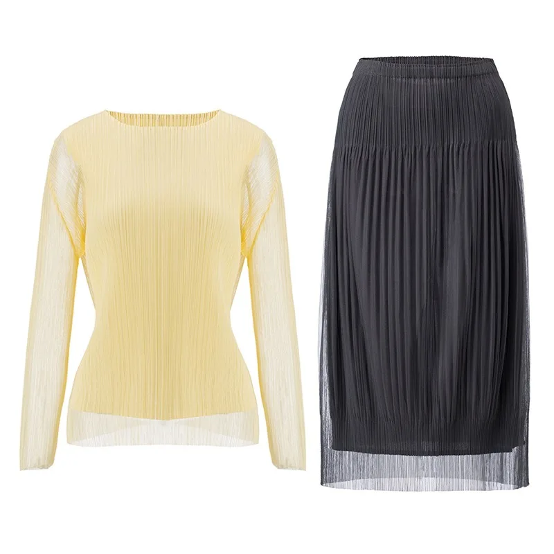 

Miyake Style T-Shirt 2026 Summer New Mesh Transparent Top Simple Elastic Skirt Women's Casual Lightweight Commuter Clothing