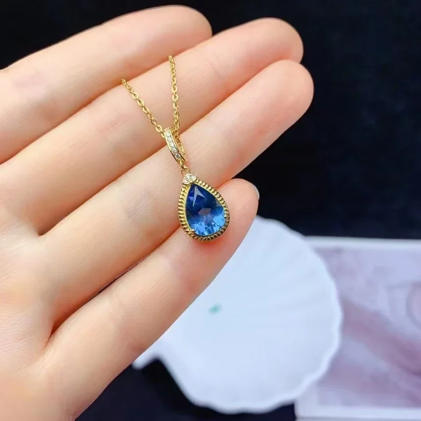 Natural LondonTopaz Pendant 7*10mm  for Party VVS Grade Topaz Necklace Pendant Solid Silver Topaz Jewelry Gift for Women