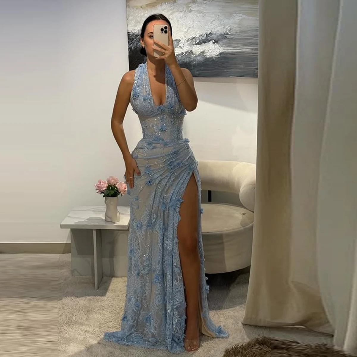 

Светло-голубое кружевное платье русалки для выпускного вечера с глубоким V-образным вырезом и кружевными аппликациями Aide Split Вечерние платья Женское вечернее платье