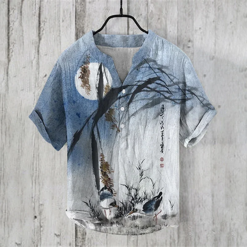 

New men's linen short sleeved 3D digital printed shirt fashionable and casual loose men's shirt linen