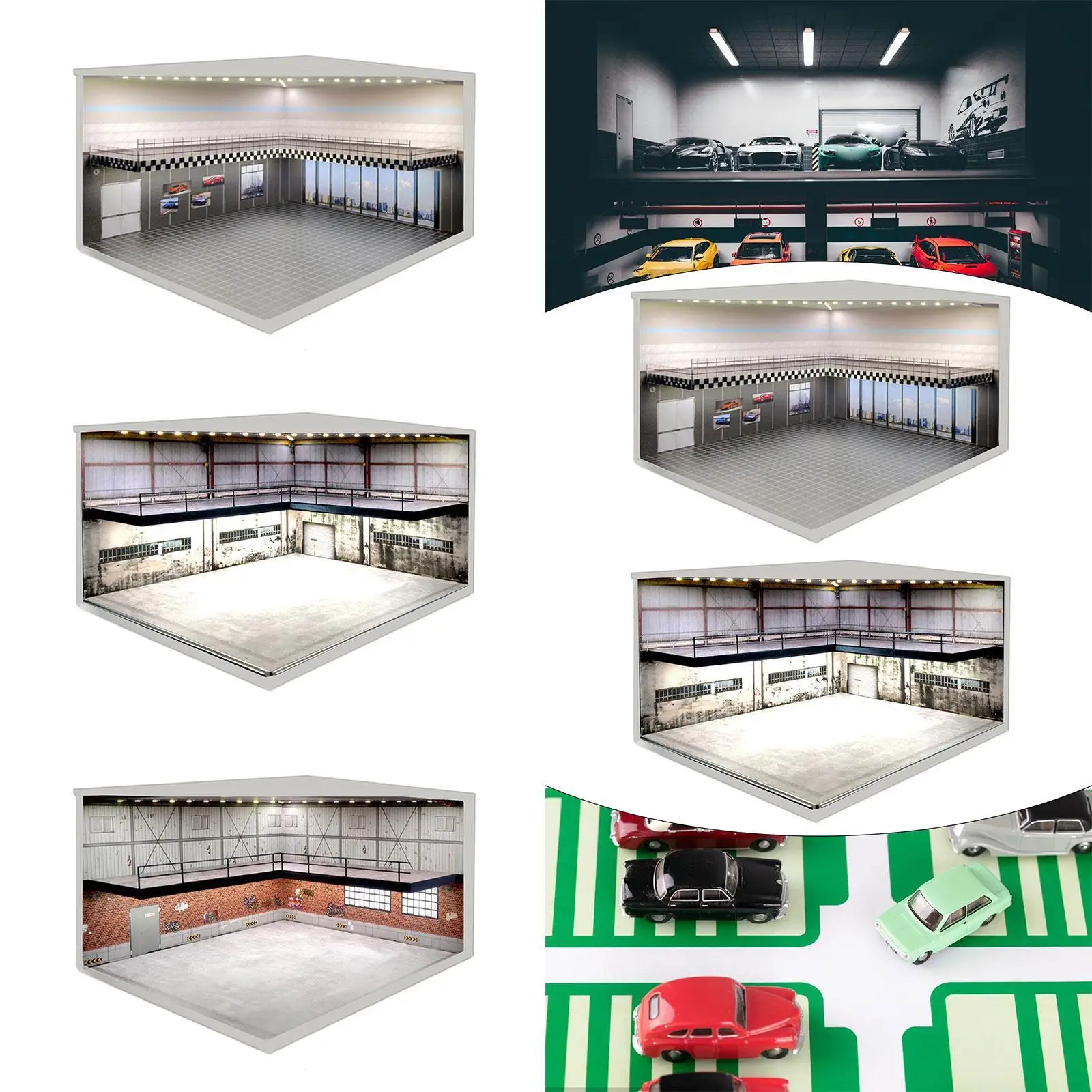 1:64 Parking Lot LED Display Case for Model Cars Action Figures Accessories