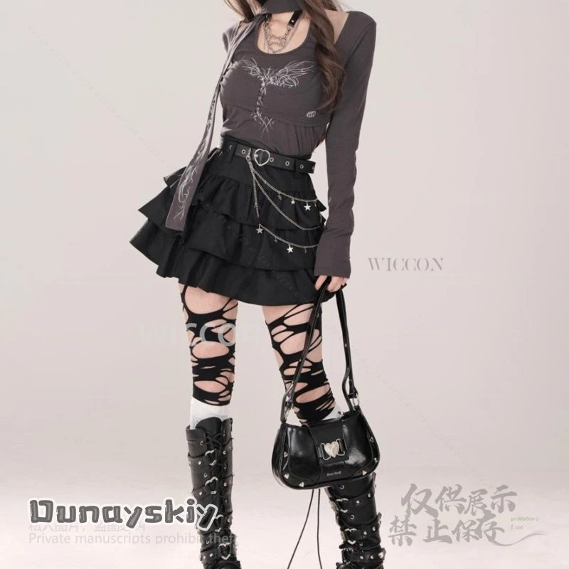 2025 Y2k Jirai Kei, черная юбка для девочек, полудлина, готическая корейская одежда, короткая юбка, универсальная милая пышная юбка с высокой талией для женщин
