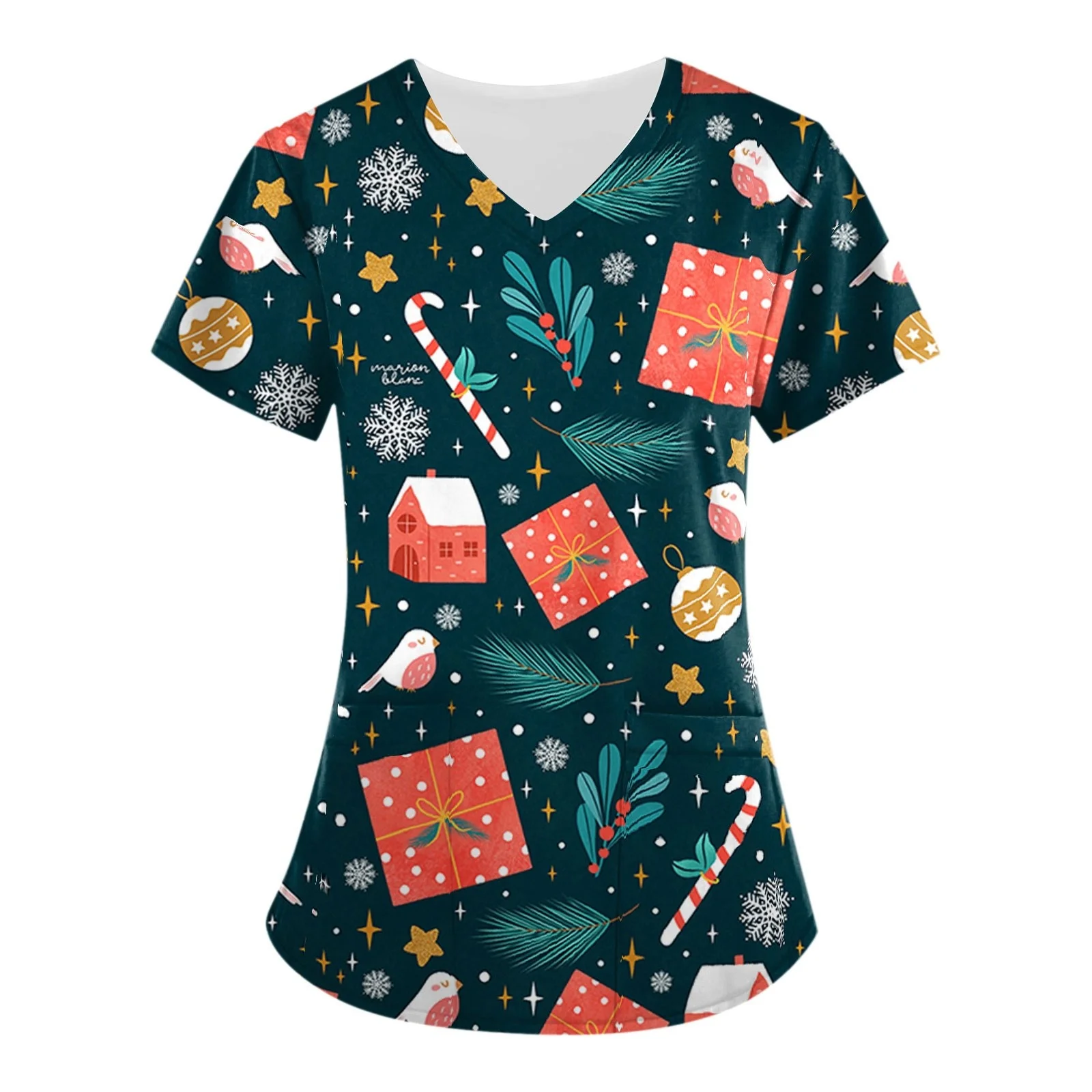 Новая рождественская клиническая форма, женская летняя мультяшная 3D принт, микроэластичная медицинская форма, повседневная униформа медсестры с v-образным вырезом, женский топ