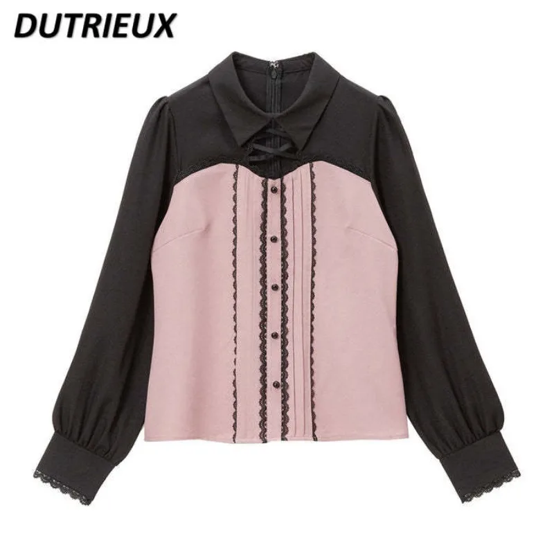 Self-Tie Lace Lace Long-Sleeved Shirt Mine Series Mass Production Lolita Inner Wear Blouse Sweet Cute Girl Spring Autumn New Top