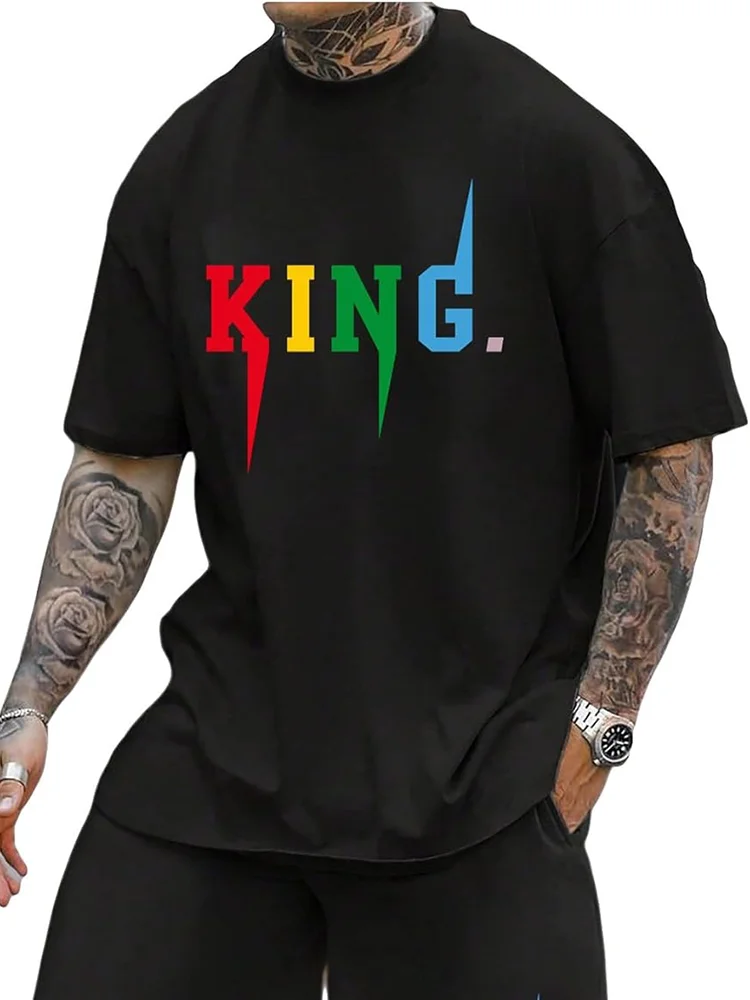 

Luxury For Men's 100 Cotton Summer Loose Fit KING Printed T-shirt Tops Cool Design Street Short Sleeve Top Tee Cotton Clothing