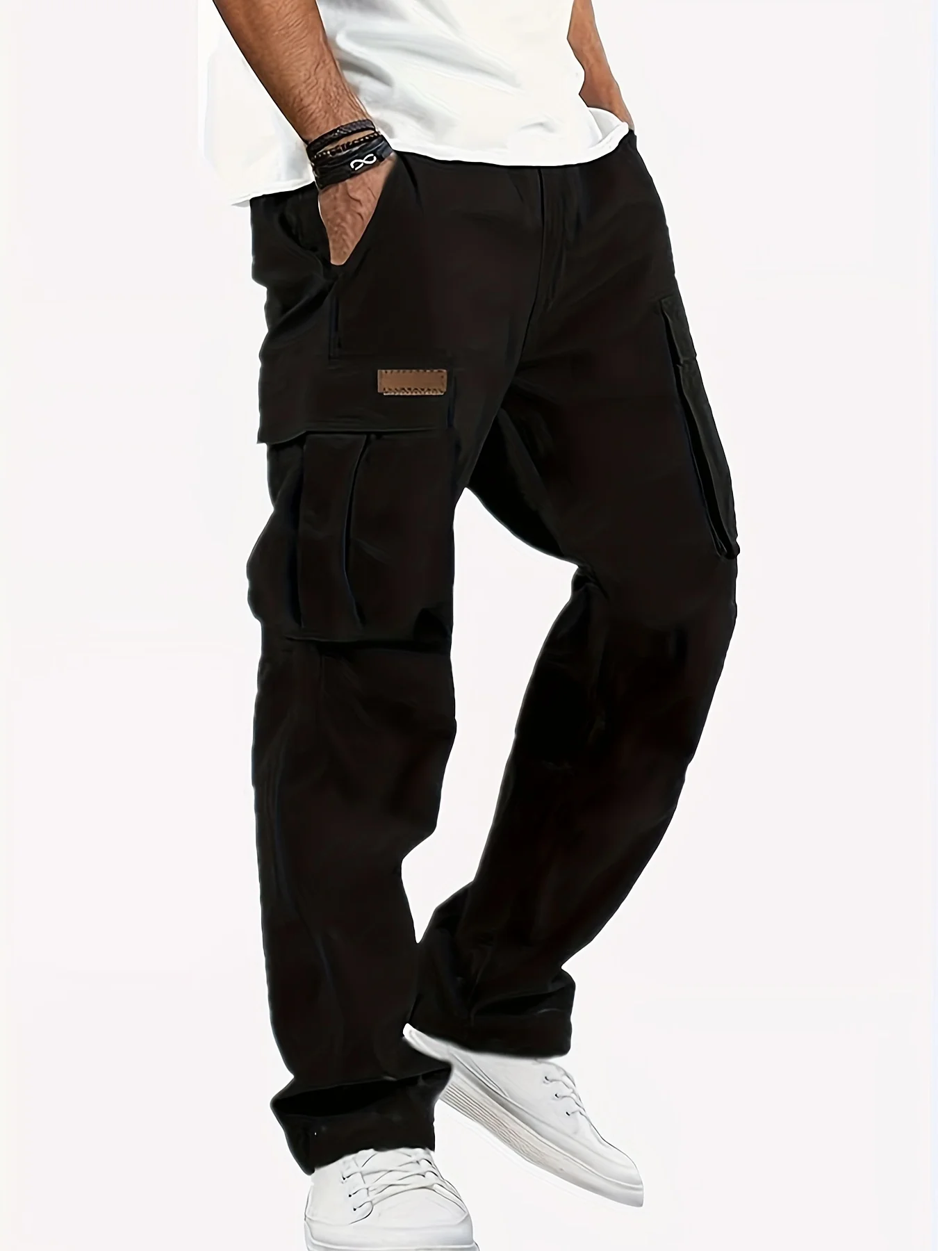 

European men's casual workwear sports pants with drawstring at waist, jogging and hiking, loose waistband and pocket