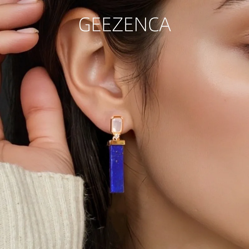 

GEEZENCA, серебро 925, позолоченные лазуритовые серьги-подвески, висячие серьги, женские серьги с геометрическим рисунком CZ, продолговатые простые модные серьги в подарок