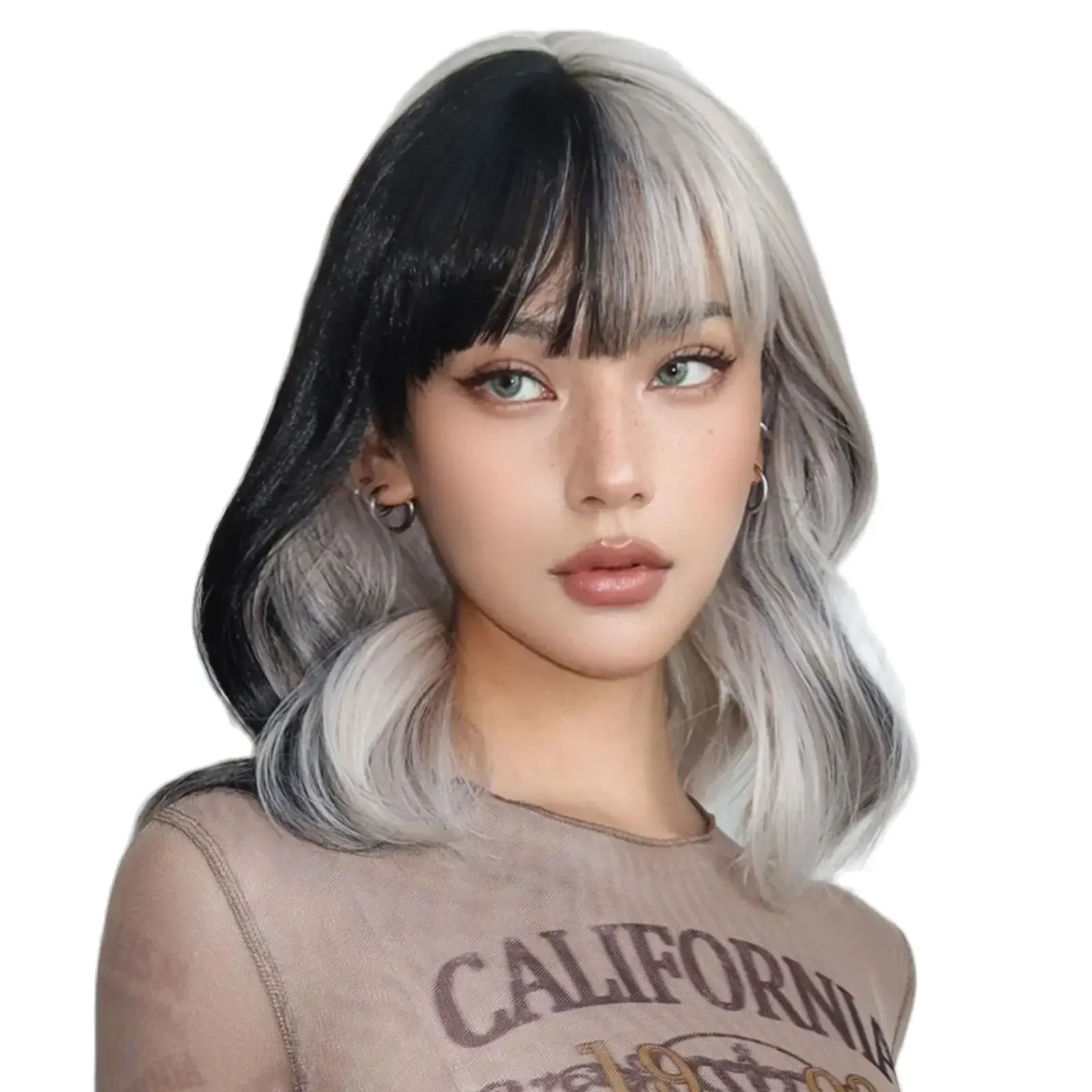 HENRY MARGU Short Half Black And Half White Wig Curly Wavy Shoulder Length Synthetic Hair Cosplay Wig with Bangs for Halloween