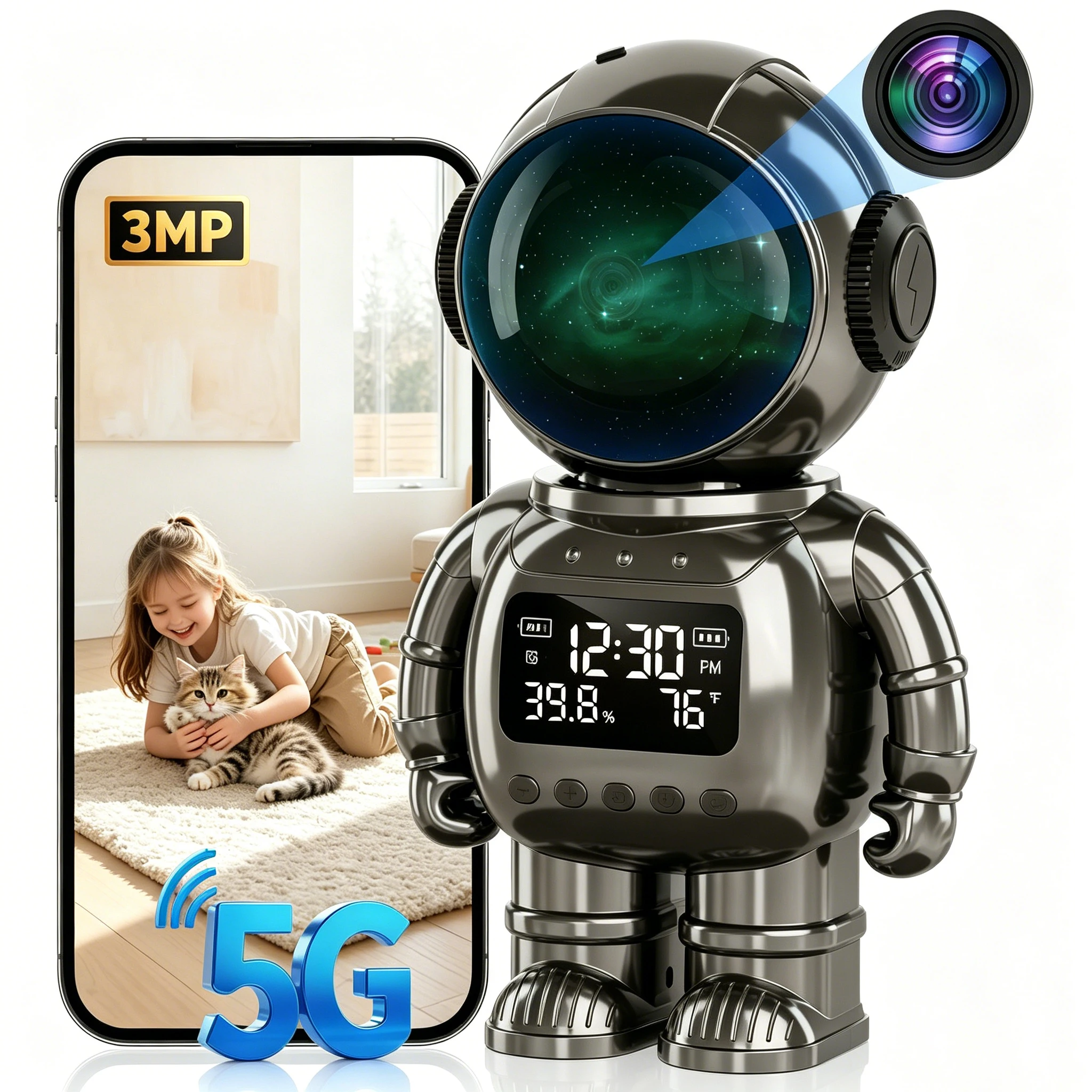 Telecamera Astro 3-in-1, Telecamera di Sicurezza Interna 3MP con Monitoraggio Temperatura e Umidità, WiFi Dual-Band 2.4/5G, Visione Notturna, Rilevamento Movimento, per Animali Domestici e Bambini