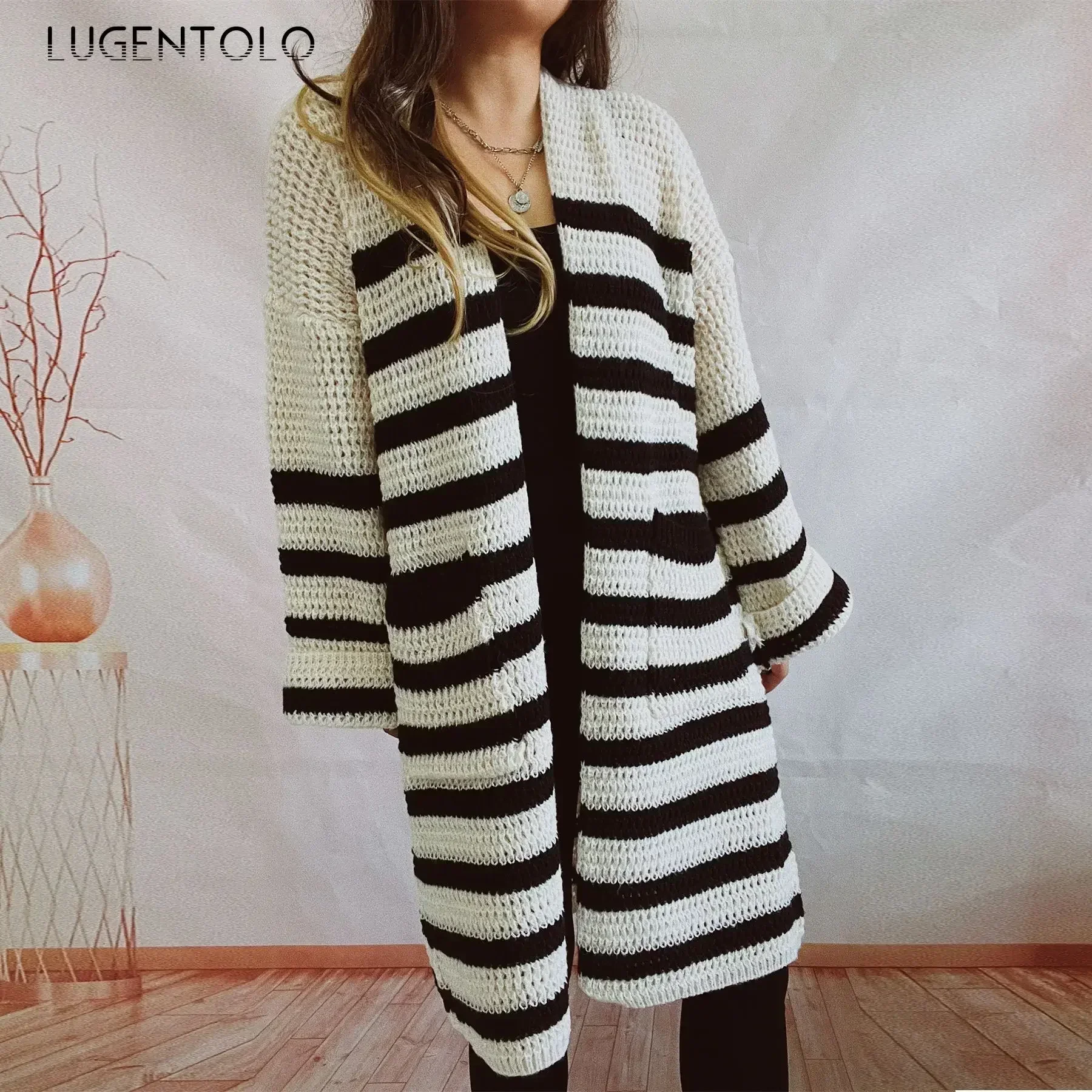 

Women Loose Sweaters Knitted New Autumn Winter Stripe Lady Casual Cardigan Pocket Comfortable Long Clothing