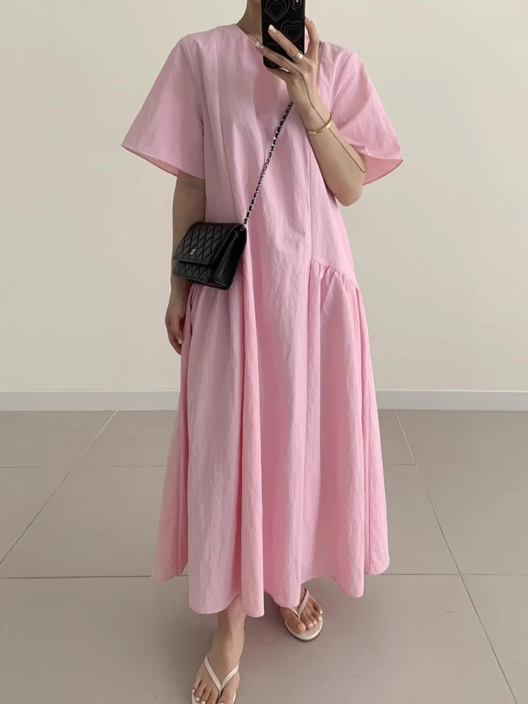 Chic été Anti-âge rond Ne épissure plissé ample décontracté bulle Sve couleur longue Dr coréen Sle taille ample