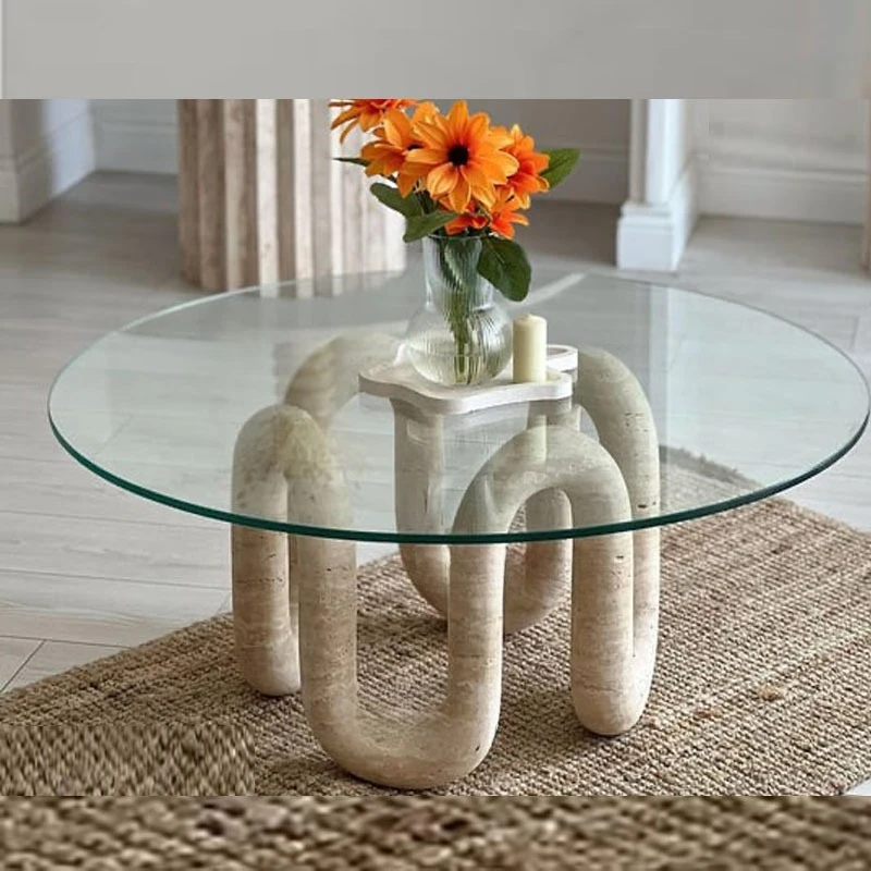 

Light luxury natural travertine glass coffee table Modern simple model house Small apartment round coffee table