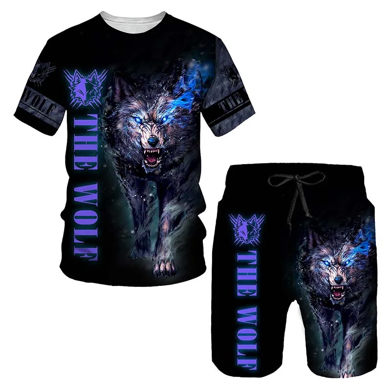 Men\'s Short Sleeve T-Shirt +Shorts Two Piece Suit Funny Lion Print Tops Fashion Hip Hop Harajuku Summer Children Oversized Sets