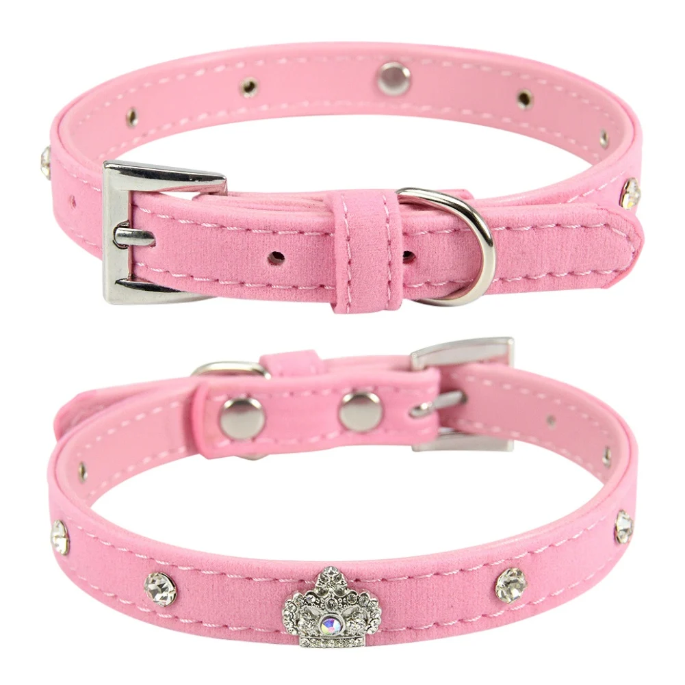 Soft Adjustable PU Leather Puppy Dog CollarBling Crystal Pendants Cat Pet Pink Collar Suit Pet Supplies Accessories