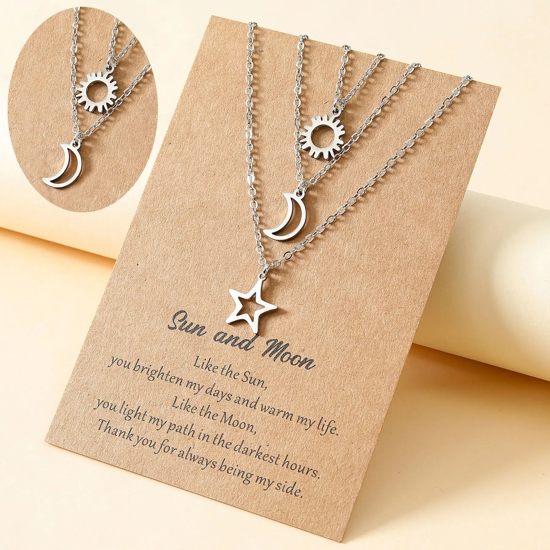 2023 New Hollow Stainless Steel Sun Moon Star Card Necklace Couple Collar Chain Set Women\'s Versatile Gift Wholesale