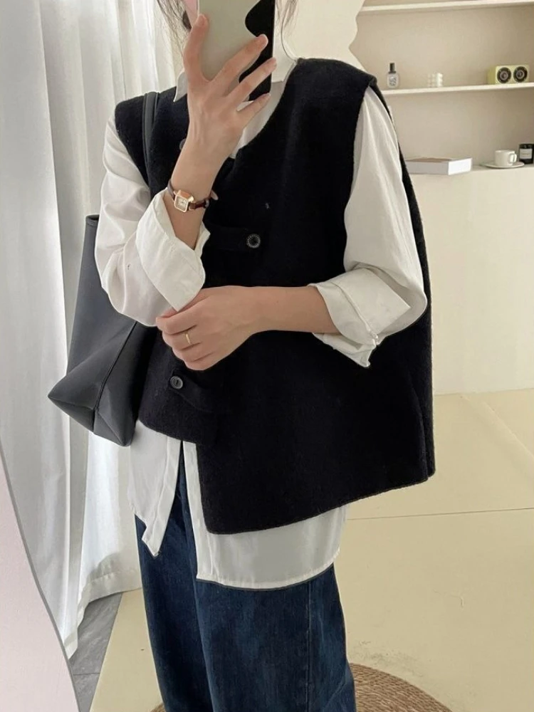 

2024, весенне-осенний модный жилет премиум-класса с нерегулярными пуговицами, дизайнерский уникальный стильный однотонный кардиган без рукавов в корейском стиле, топ