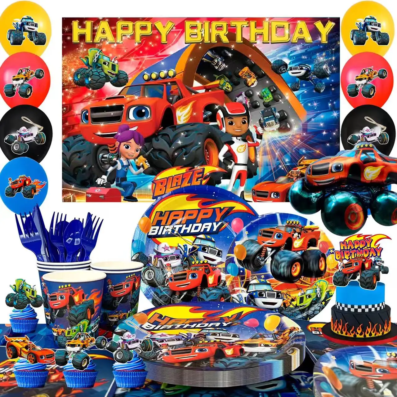 Monster Truck Party Supplies,140pcs Birthday Decorations&Tableware Set-Monster Truck Plates Cups Tablecloth Balloon Backdrop etc