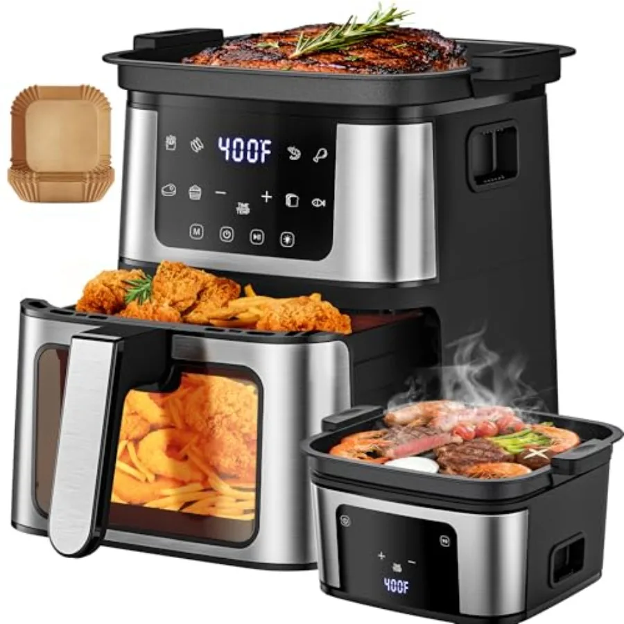 

2-in-1 Air Fryer Grill Combo Indoor Grill for Fries 7.5 QT Capacity 8 Digital Presets Low-Oil Healthy Cooking Clear Window Mult