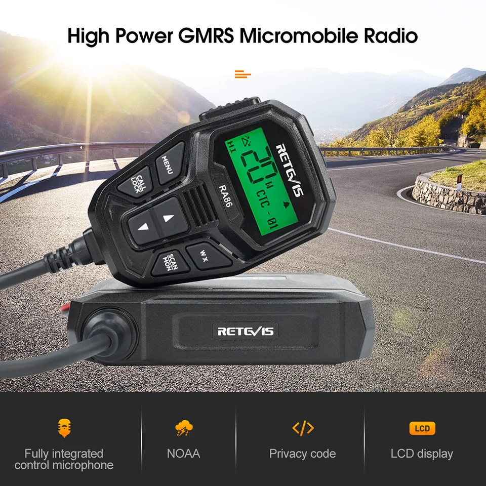 Retevis-walkie-talkie RA86 GMRS para coche, Radio bidireccional NOAA con micrófono de Control integrado de alta potencia de 20W/5W para vehículo al