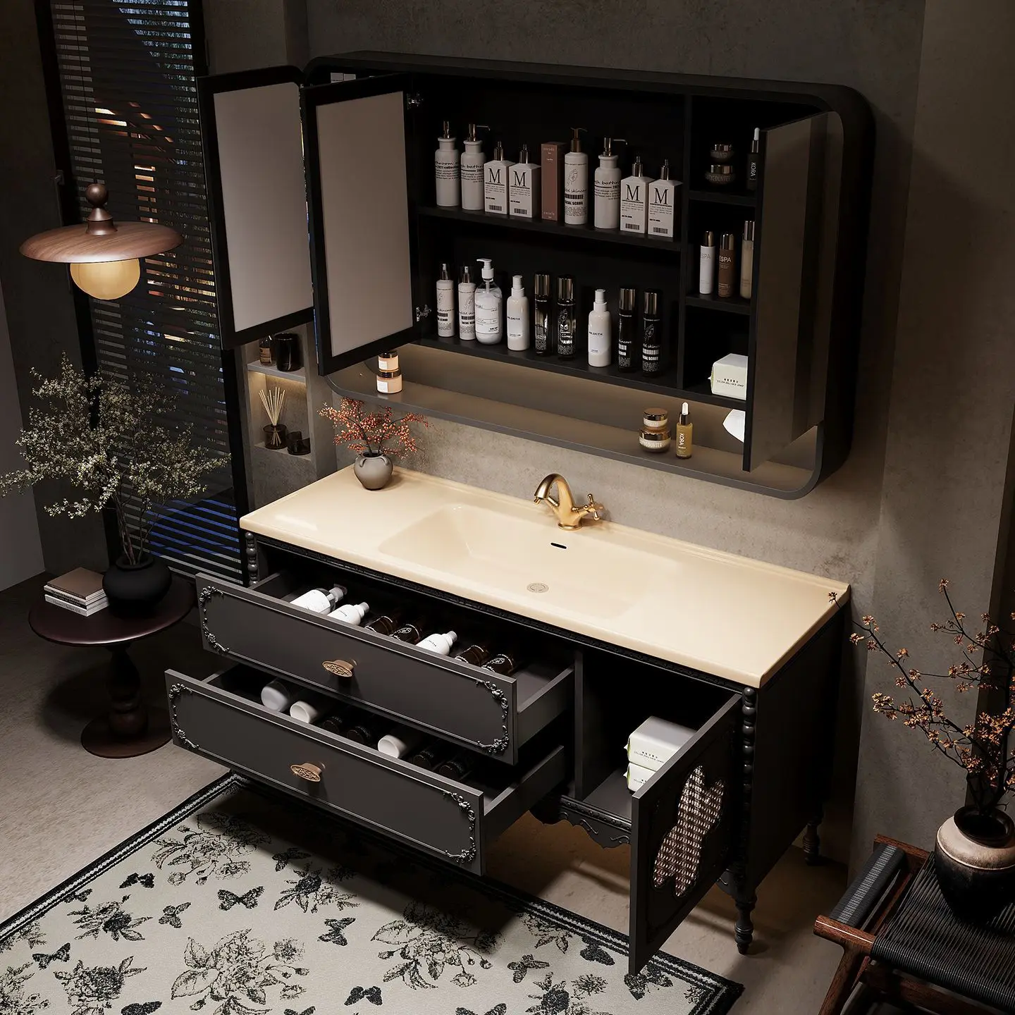Factory Direct 2026 Floor-to-ceiling rattan bathroom cabinet hand washbasin cabinet combination ceramic integrated basin toilet